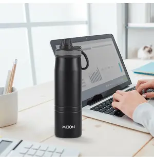 Milton Sparkle 600 Thermosteel Water Bottle with Easy Sip Cap and Handle, 620 ml, Vacuum Insulated Stainless Steel, Hot and Cold, On The Go Bottle for Office College, Black
