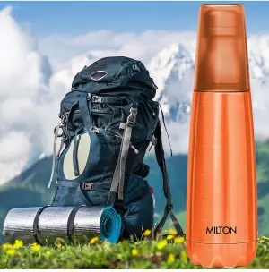 MILTON Vertex 1000 Thermosteel Water Bottle with Unbreakable Plastic Tumbler, 1000 ml, Peach 