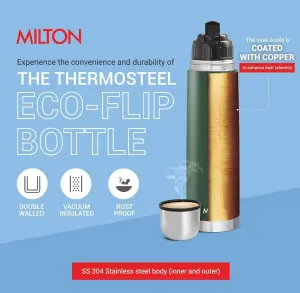 Milton Eco-Flip 750 Thermosteel Double Walled Vacuum Insulated Thermos Flask, 750 ml, 24 Hr Hot and Cold I Leak Proof Lid, ISI Certified I Vacuum Insulated I for Office, Gym, School I Green