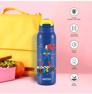 Milton Sportive 400 Thermosteel Vacuum Insulated Water Bottle, 400 ml, Hot & Cold, Spill & Leakproof Water Bottle for Kids, School, Travel Bottle, Mono Blue with Superman Print