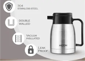 Milton Omega Carafe 300 Stainless Steel Double Walled Vacuum Insulated Flask with Lid and Handle,  Silver, Coffee/Tea Carafe Heat & Cold Retention, Leak Proof, Rust Free, Easy to Carry