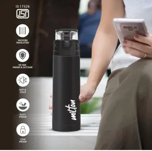 Milton Atlantis 600 Thermosteel Water Bottle 500 ml, 24 Hr Hot and Cold I Leak Proof Lid, ISI Certified I Vacuum Insulated I for Office, Gym, School I Black