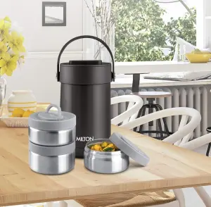 Glamour Thermosteel Stainless Steel Tiffin Box, Set of 3, Black