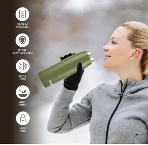 Sparkle 900 Thermosteel Water Bottle with Easy Sip Cap and Handle, 920 ml, Vacuum Insulated Stainless Steel, Hot and Cold, On The Go Bottle for Office College, Military Green