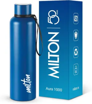 Aura 1000 Thermosteel Water Bottle, ISI Certified, 24 Hr Hot and Cold 1000ml Steel Flask (Pack of 1, Blue)