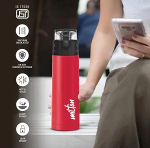 Milton Atlantis 400 Thermosteel Water Bottle 350 ml, 24 Hr Hot and Cold I Leak Proof Lid, ISI Certified I Vacuum Insulated I for Office, Gym, School I Red