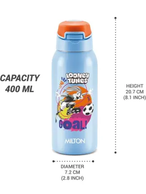 Sportive 400 Thermosteel Vacuum Insulated Water Bottle, 400 ml, Hot & Cold, Spill & Leakproof Water Bottle for Kids, School, Travel Bottle, Sky Blue with Looney Tunes print