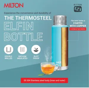  Elfin 300 Thermosteel Water Bottle 300 ml, 24 Hr Hot and Cold I Leak Proof Lid, ISI Certified I  Light Blue