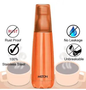 MILTON Vertex 1000 Thermosteel Water Bottle with Unbreakable Plastic Tumbler, 1000 ml, Peach 