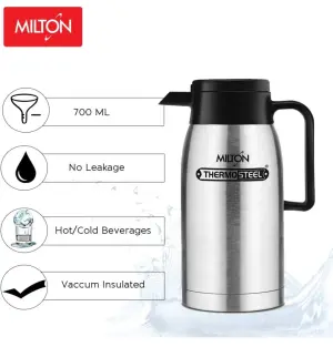 Milton Omega Carafe 750 Stainless Steel Double Walled Vacuum Insulated Flask with Lid and Handle, 700 ml, Silver, Coffee/Tea Carafe Heat & Cold Retention, Leak Proof, Rust Free, Easy to Carry