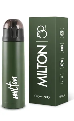 Milton New Crown 900 Thermosteel Water Bottle 750 ml with One Touch Safety Lock, 24 Hours Hot and Cold, Leak Proof Lid, ISI Certified I Vacuum Insulated I for Office, Gym, School I Green