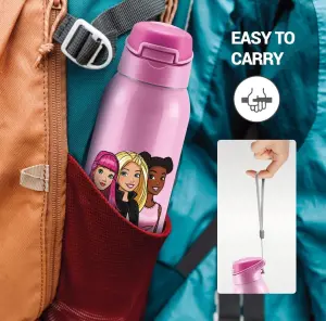 Milton Sportive 600 Thermosteel Vacuum Insulated Water Bottle, 580 ml, Hot & Cold, Spill & Leakproof Water Bottle for Kids, School, Travel Bottle, Pink with Barbie Print