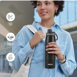 Milton Sparkle 600 Thermosteel Water Bottle with Easy Sip Cap and Handle, 620 ml, Vacuum Insulated Stainless Steel, Hot and Cold, On The Go Bottle for Office College, Black