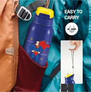 Milton Sportive 600 Thermosteel Vacuum Insulated Water Bottle, 580 ml, Hot & Cold, Spill & Leakproof Water Bottle for Kids, School, Travel Bottle, Mono Blue with Superman Print