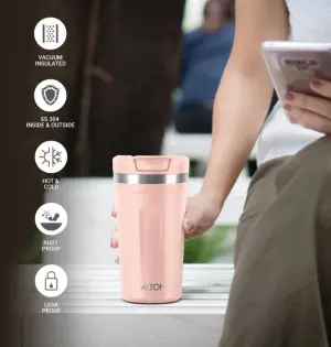 Corral 450 Thermosteel Vacuum Insulated Travel Mug 400ml,  Peach, Prolonged Hours Hot & Cold, Spill Proof & Easy to Sip, Leakproof & Rustproof, On The Go Coffee Cup