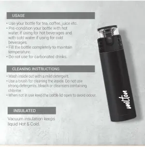 Milton Atlantis 900 Thermosteel Water Bottle 750 ml, 24 Hr Hot and Cold I Leak Proof Lid, ISI Certified I Double Wall Vacuum Insulated Flask for Office, Gym, School, Sports, Travel I Black
