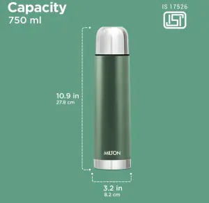 Milton Eco-Flip 750 Thermosteel Double Walled Vacuum Insulated Thermos Flask, 750 ml, 24 Hr Hot and Cold I Leak Proof Lid, ISI Certified I Vacuum Insulated I for Office, Gym, School I Green