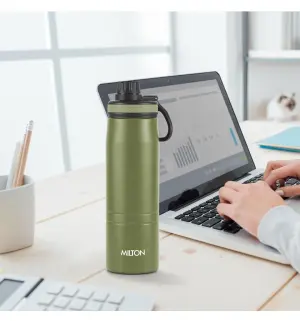 Sparkle 600 Thermosteel Water Bottle with Easy Sip Cap and Handle, 620 ml, Vacuum Insulated Stainless Steel, Hot and Cold, On The Go Bottle for Office College, Military Green