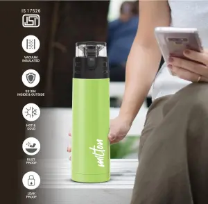 Milton Atlantis 600 Thermosteel Water Bottle 500 ml, 24 Hr Hot and Cold I Leak Proof Lid, ISI Certified I Vacuum Insulated I for Office, Gym, School I Green