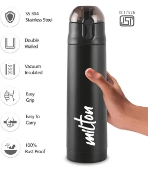 Milton New Crown 900 Thermosteel Water Bottle 750 ml with One Touch Safety Lock, 24 Hours Hot and Cold, Leak Proof Lid, ISI Certified I Vacuum Insulated I for Office, Gym, School I Black
