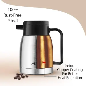 Milton Omega Carafe 300 Stainless Steel Double Walled Vacuum Insulated Flask with Lid and Handle,  Silver, Coffee/Tea Carafe Heat & Cold Retention, Leak Proof, Rust Free, Easy to Carry
