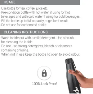 Fame 1000 Thermosteel Water Bottle, ISI Certified, 24 Hr Hot and Cold 880 ml Steel Flask (Pack of 1, Black)