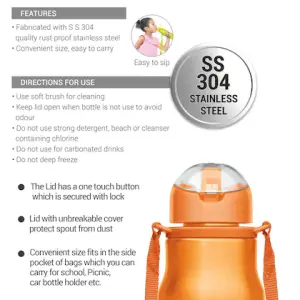 GAIETY  Stainless Steel Sipper Orange Colour Water Bottle 450 ml