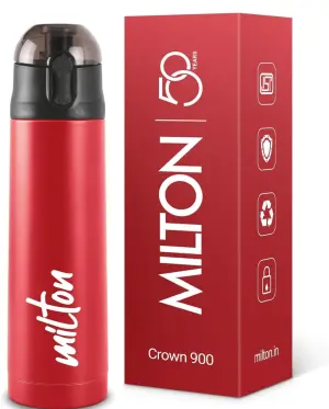 Milton New Crown 900 Thermosteel Water Bottle 750 ml with One Touch Safety Lock, 24 Hours Hot and Cold, Leak Proof Lid, ISI Certified I Vacuum Insulated I for Office, Gym, School I Red