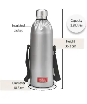 Milton Duo DLX 1800 Thermosteel Water Bottle 1700 ml, 24 Hr Hot and Cold I Leak Proof Lid, ISI Certified I Vacuum Insulated I for Office, Gym, School I Silver