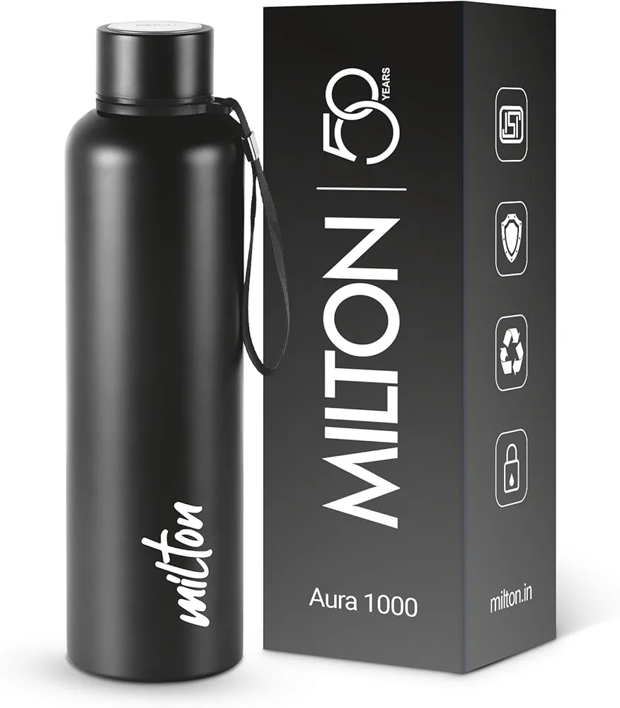 Aura 1000 Thermosteel Water Bottle, ISI Certified, 24 Hr Hot and Cold 1000ml Steel Flask (Pack of 1, Black)